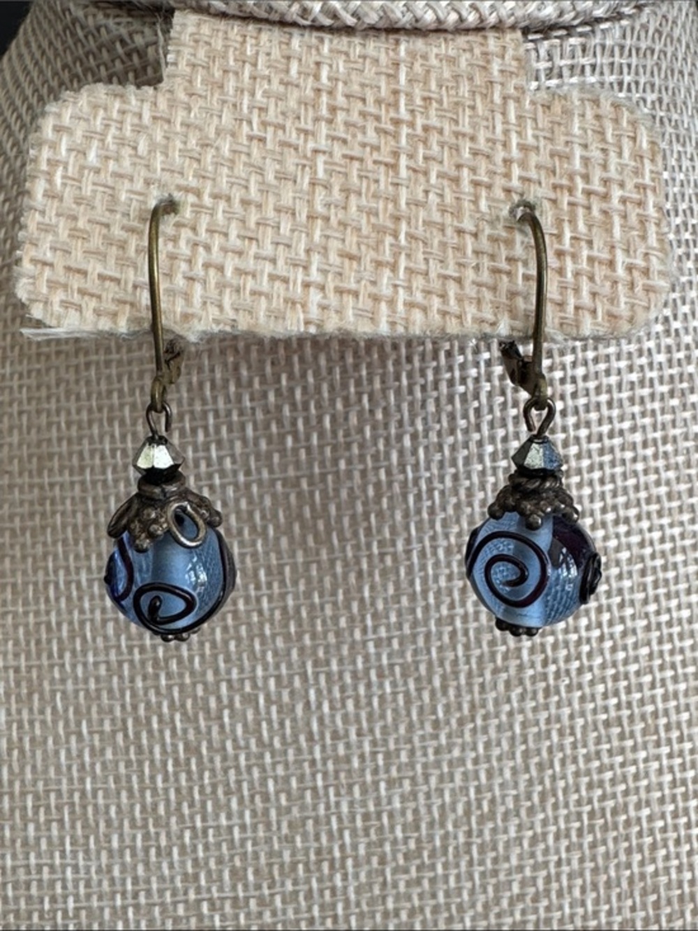 VTG Italian "Wedding Cake" Glass Dangle Earrings - Light Blue Swirl